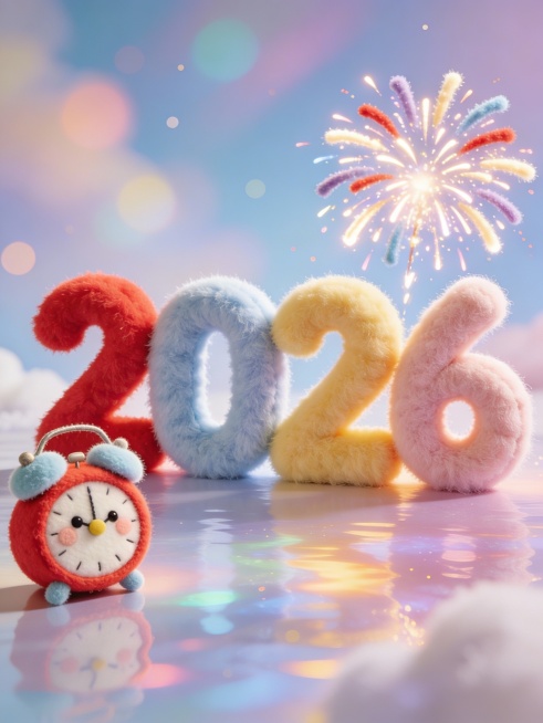 毛茸茸的3D数字“2026”，旁边有毛绒卡通闹钟和毛绒烟花，整体呈现软萌质感，融合梦幻光影，营造喜庆可爱的跨年氛围，迎接2026光辉岁月，配色清新治愈预览效果