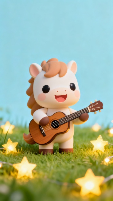 一只Q版小马拿着吉他，站在一个有星星灯和草地的小场景中，小马脸上洋溢着快乐的笑容。色彩以淡蓝、浅绿、暖黄为主。小马在画面中心，星星灯和草地分布在周围。Q版，可爱预览效果