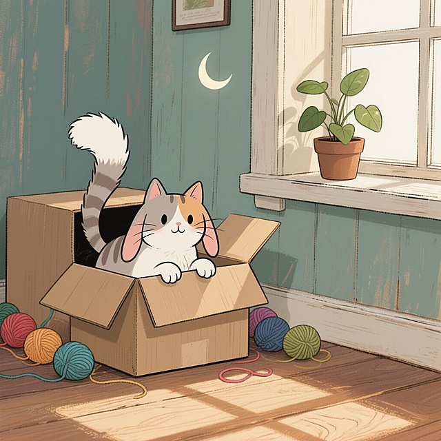一只耷拉着长耳朵的卡通小猫，蓬松尾巴尖有月牙形白毛，正从半开的纸箱探出头，前爪扒着箱沿，旁边散落彩色毛线球，午后阳光透过窗户在木质地板投下斑驳光影，窗台摆着一盆绿植，美式卡通风格，线条圆润，复古手绘质感，温暖治愈氛围