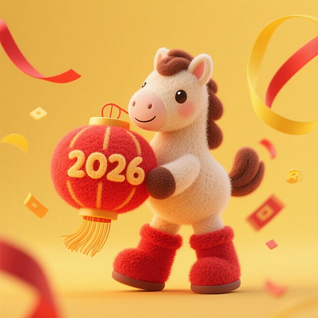 穿红绒新年靴的卡通小马，前蹄抱红色灯笼，“2026” 缀灯笼穗边，暖黄背景飘红黄彩带