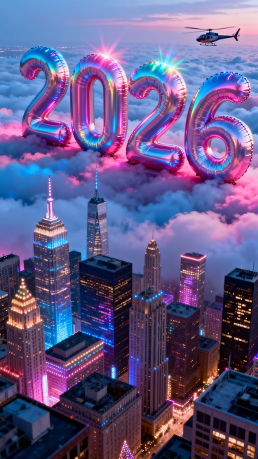 气球质感巨型 “2026” 立在霓虹云海，顶沐镭射幻彩光，下面是闪烁新年彩灯的摩天大楼群，上面直升机飞过，光晕交织蓝粉霓虹色调预览效果