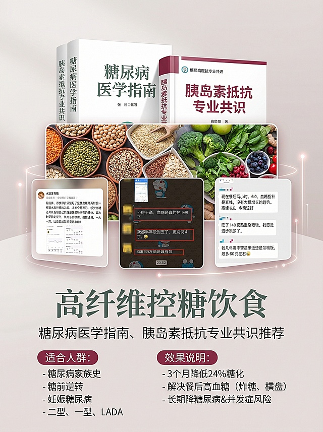 浅奶油灰粉色背景，柔和洁净温暖，核心品牌色为深邃浓郁带高级灰调的浆果红色，辅助色深灰色，点缀色同色系深粉，整体专业私密柔和可信赖具现代科技感，风格干净、专业、有温度。画面中添加糖尿病指南书籍叠放图、高纤维食物（豆类、全谷物、蔬菜）拼图，以拼贴形式排列提供的3个用户反馈图。主标题用优雅衬线字体、深灰绿色书写：“高纤维控糖饮食”，副标题用细体无衬线字书写：“糖尿病医学指南、胰岛素抵抗专业共识推荐”，下方适合人群："- 糖尿病家族史
- 糖前逆转
- 妊娠糖尿病
- 二型、一型、LADA"，效果说明："- 3个月降低24%糖化
- 解决餐后高血糖（炸糖、横盘）
- 长期降糖尿病&并发症风险"，字体用柔和微软雅黑。
