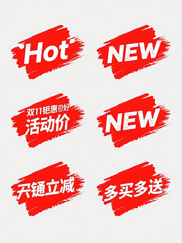 六个规整排布的促销标签素材，每个标签均为纯色背景，标签文案包含Hot、双11钜惠、大促好价、活动价、大促立减、多买多送基本元素内容，标签采用红色不规则笔触背景，白色粗体大写英文“NEW”文字，字体边缘有轻微做旧效果，整体呈现出促销活动的热烈氛围，视觉层级清晰，信息传达直接高效，符合促销活动宣传的设计感和目标受众的审美。