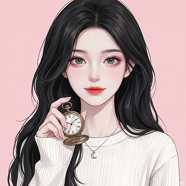 参考提供的女生头像参考图，生成一张全新的唯美漫画女生头像，背景保持纯浅粉色纯色块，展示不同摆拍造型，手部可带小道具，和参考头像差异化大，风格唯美精致，高细节，高清晰，黑色长发，内容合规
