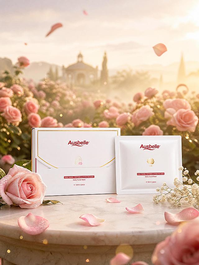 高端美妆护肤品宣传大片。
主体：Ausbelle玫瑰面膜（含信封式外盒与单片面膜袋）严格参照上传产品图，完整保留所有可见组件、部件、轮廓、结构、比例、材质、颜色与产品本体上的文字信息（logo/型号/规格/参数/浮雕/刻度等），与上传图完全一致；自然融入场景光影，与场景共处同一物理空间。产品占画面约45%，完整不裁切，背景无其他同类产品。
构图：黄金分割构图，微侧15°平视，产品位于画面中下偏左，留出右上大片空间营造氛围。
风格：轻奢优雅法式浪漫风，品宣级质感。
场景：米白色调的大自然玫瑰花园场景，清晨薄雾弥漫的法式玫瑰庄园。
空间/承载：①产品放置在一块米白色哑光大理石台面上，台面边缘圆润柔和；②背景是大片盛开的粉色玫瑰花丛，花朵层层叠叠延伸至远方；③远处是米白色调的朦胧天空与淡金色晨光；④前景有几片飘落的玫瑰花瓣自然散落在台面周围。
陪衬/软装：①台面左侧，一支带露珠的新鲜粉色玫瑰，花瓣饱满水润；②台面右侧，一小簇白色满天星作为点缀；③空气中漂浮着极细的金色光斑与玫瑰花瓣，营造梦幻氛围。
配色/材质：米白色/玫瑰粉/淡金色/柔绿色；哑光大理石/真丝花瓣/晨露水珠/柔光薄雾。
光影：主光从右上方45°斜射而下，暖调柔和晨光，在产品表面形成细腻高光，玫瑰花瓣上的露珠晶莹剔透，整体光线柔和弥散，无硬阴影，背景虚化呈奶油状散景。
参数：4K超高清，85mm人像镜头，浅景深，品宣级商业摄影质感。严格锁定宽高比为3:4。