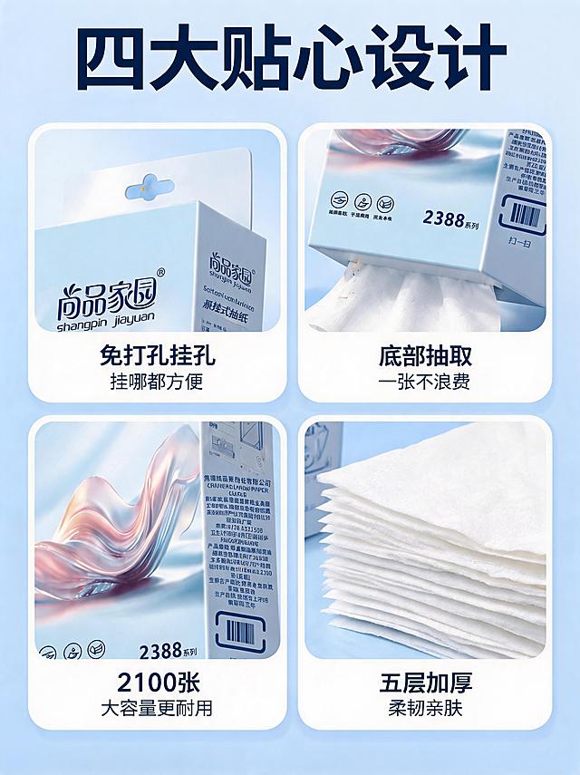 [第3屏] 详情页结构解析-悬挂式抽纸四大结构细节展示。本屏使用【图1】作为商品主体。
[氛围/风格] 清新解析风，浅蓝色渐变背景，四宫格布局，清晰专业，商业产品摄影质感。
[元素布局] 2×2四宫格构图，每格展示一个结构细节；左上格：顶部挂孔特写，展示免打孔挂孔设计；右上格：底部抽取口特写，纸巾从底部抽出；左下格：侧面容量标识特写，展示2100张大容量；右下格：正面纸张材质特写，展示五层加厚质感；每格都有产品局部放大图，产品包装外观与输入图一致。
[光影质感] 每格独立柔光照明，细节清晰，质感真实，阴影柔和。
[配色色系] 全局底色 #EAF4FF 浅蓝渐变；主色深蓝色标题；辅助色白色卡片底、浅蓝色分隔线。
[视角构图] 四宫格正面视角，每格独立构图，阅读动线从左上到右下。
[文字版式] 顶部主标题「四大贴心设计」，深蓝色粗黑体居中；每格下方配短标题和说明：左上「免打孔挂孔 挂哪都方便」、右上「底部抽取 一张不浪费」、左下「2100张 大容量更耐用」、右下「五层加厚 柔韧亲肤」；文字清晰，字号适中，移动端可读。
[比例分辨率] 3:4 竖版比例，4K 分辨率，文字清晰可辨。
[负向提示词] 产品变形，包装文字错乱，颜色偏差，水印，细节模糊。