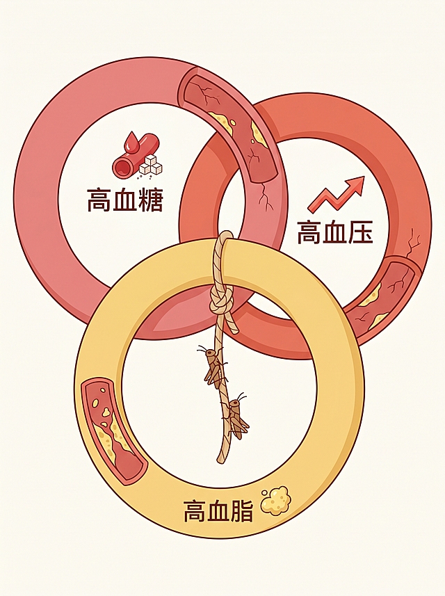 简洁形象的科普插画，画面中有三个圆环互相嵌套形成恶性循环链条，分别标注"高血糖"、"高血压"、"高血脂"，每个圆环上都有一个小图标（滴血的血管、飙升的曲线、堵塞的黄色斑块），三个圆环中间是一根打了结的绳子，绳子上拴着三只小蚂蚱，血管壁出现细微裂纹和斑块，整体用柔和的米黄和浅红配色，无阴影简约风格，直观展示“一条绳上的蚂蚱”概念