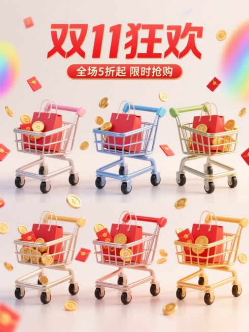 3D渲染风格，六个不同配色、不同样式、不同材质的购物车造型，上下两行整齐对齐排列，浅色背景。每个购物车具有金属质感的框架和黑色滚轮，内部装满红色购物袋、金色钱币和红色红包，周围环绕彩色渐变光效和飞舞的红包金币，营造欢快促销氛围。上方醒目大字“双11狂欢”，下方“全场5折起 限时抢购”，采用无衬线粗体字，红色与金色搭配，文字与购物车视觉元素紧密结合，整体画面层次分明，色彩明快，信息传达高效，充满……预览效果