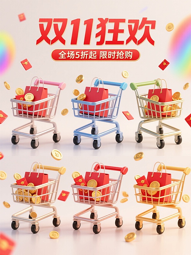 3D渲染风格，六个不同配色、不同样式、不同材质的购物车造型，上下两行整齐对齐排列，浅色背景。每个购物车具有金属质感的框架和黑色滚轮，内部装满红色购物袋、金色钱币和红色红包，周围环绕彩色渐变光效和飞舞的红包金币，营造欢快促销氛围。上方醒目大字“双11狂欢”，下方“全场5折起 限时抢购”，采用无衬线粗体字，红色与金色搭配，文字与购物车视觉元素紧密结合，整体画面层次分明，色彩明快，信息传达高效，充满强烈的促销感和节日气氛。