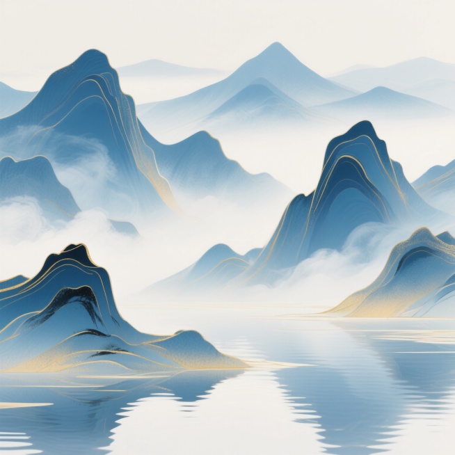 国潮风格山水插画，以青蓝色与金色为主色调，融合传统水墨意境与现代渐变质感，远山层叠起伏，线条流畅富有韵律，近景山体轮廓清晰，山间云雾缭绕呈现柔和的半透明晕染效果，水面平静倒映天光，整体构图采用经典山水画的深远视角，色彩和谐统一，营造出宁静悠远又兼具时尚设计感的东方美学氛围，画面简洁大气，留白恰到好处，展现出传统与现代交融的国潮韵味。预览效果