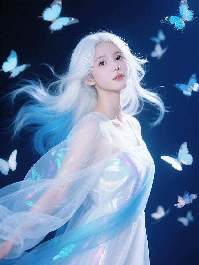 梦幻3D风，虚拟现实中的液态优雅，唯美感十足，蝴蝶环绕，尽显浪漫。