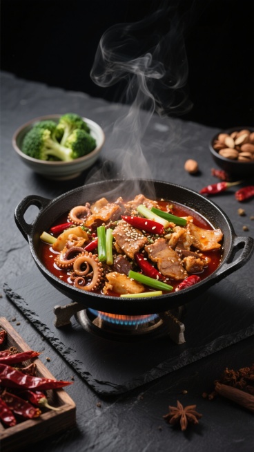 写实风格美食摄影，一锅热气腾腾的麻辣香锅置于黑色石板底座的加热炉上，锅内食材丰富，有鱿鱼片、肉片、葱段、红辣椒、芝麻，酱汁浓郁色泽红亮，锅具为黑色铸铁锅带把手，背景为深色石质台面，周围摆放着一碗绿色西兰花、一小碗坚果、散落的红辣椒和香料，整体光影明暗对比鲜明，高光突出食物的油润感和热气氤氲的氛围，色彩以红棕色为主调搭配绿色点缀，构图采用近景特写突出主锅，营造出香辣诱人、食欲满满的中式家常菜场景……预览效果