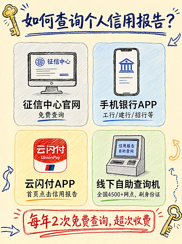 手绘笔记风，米色背景。顶部深蓝色手写标题 "如何查询个人信用报告？" 。下方画2×2网格排列的四个手绘卡片，每个卡片底色不同（浅灰、浅蓝、浅黄、浅绿）。左上卡片：电脑屏幕图标，下方黑色印刷体 "征信中心官网" ，小字 "免费查询" 。右上卡片：手机图标，下方 "手机银行APP" ，小字 "工行/建行/招行等" 。左下卡片：云闪付图标，下方 "云闪付APP" ，小字 "首页点击信用报告" 。右下卡片：自助查询机图标，下方 "线下自助查询机" ，小字 "全国4500+网点，刷身份证" 。页面底部用红色手写框补充 "每年2次免费查询，超次收费" 。边缘画手绘的钥匙和指引箭头。文字高密度，覆盖所有渠道。无水印，高清晰度，3:4比例。