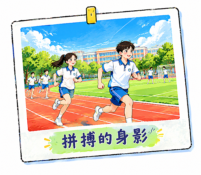 从这张黑板报中提取并单独生成第九张照片风格插画：学校红色塑胶跑道和绿色操场，远处有教学楼和树木，蓝天白云，充满青春活力的运动场景。手绘插画风格，色彩明亮鲜艳。画面下方有文字标签"拼搏的身影"。横版构图，独立完整的单张插画，白色背景，高清细节，带拍立得/相框效果。