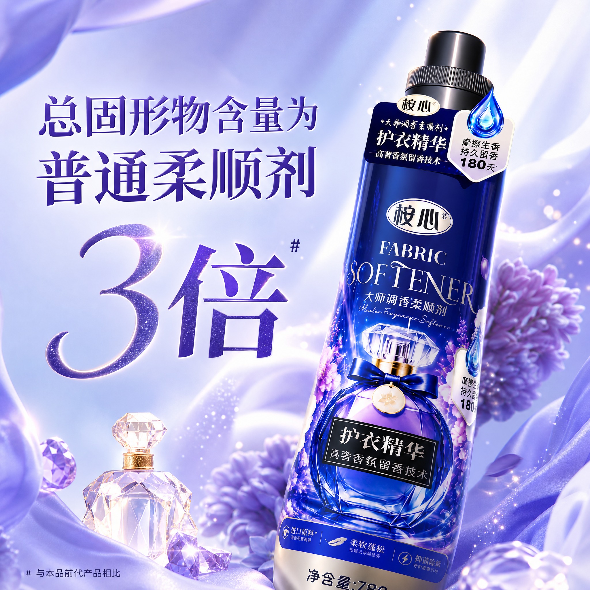 电商主图，正方形构图，图中的桉心护衣精华柔顺剂产品瓶斜着摆放在… - 图片创意预览