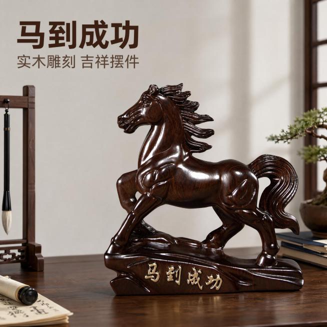 「图片1」，生成一套主图（5张），商品名称是马到成功，卖点是实木雕刻，适配淘宝/天猫平台，主图比例为1:1预览效果