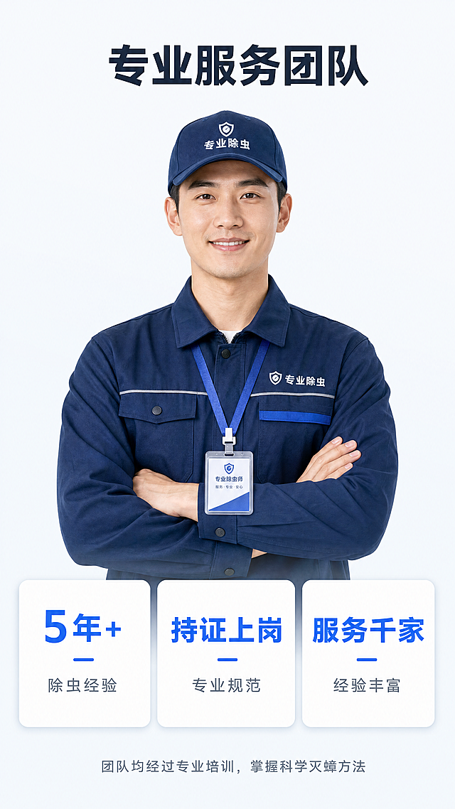 [第5屏] 专业服务团队资质背书页。
[氛围/风格] 专业可信团队展示，商务简约风格，突出专业性和经验。
[元素布局] 顶部主标题，中间放置团队形象展示区域，展示穿戴工服工牌的专业除虫师傅半身像，下方放置三项资质经验介绍卡片，横向排列，底部放置一句话总结背书，整体上下构图，重点突出团队形象。
[光影质感] 人物正面打光，清晰柔和，卡片背景干净，整体明暗均匀，专业感强。
[配色色系] 全局底色 #F5F8FA；卡片背景 #FFFFFF；主标题 #1E293B；卡片标题 #165DFF；正文 #64748B。
[视角构图] 竖向满铺构图，9:16比例，人物在画面中上区域，信息分布均匀。
[文字版式] 顶部主标题“专业服务团队”，深色加粗居中；师傅形象下方三张卡片：
左：“5年+” “除虫经验”
中：“持证上岗” “专业规范”
右：“服务千家” “经验丰富”
底部总结文字“团队均经过专业培训，掌握科学灭蟑方法”，浅色小字居中。文字大小适中，移动端清晰。
[比例分辨率] 9:16 竖版比例，4K 分辨率，文字清晰可辨，超高清。
[负向提示词] 人物面部变形，文字错乱，卡片歪扭，水印，背景杂乱，虚假资质，绝对化用语。
