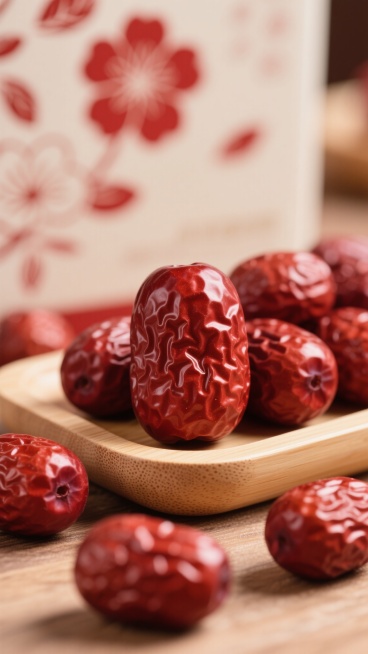 微距特写，一颗颗饱满且表皮带有自然褶皱纹理与光泽的深红色红枣，整齐摆放在浅色木质托盘里，部分散落，背景有清晰且简洁的红色花朵图案包装，温暖柔和侧光精准打在红枣上，凸显其立体感与表皮细腻质感，色调主红与木色，风格干净，尽显传统食材质朴美感的背景素材用超写实食品摄影呈现。预览效果