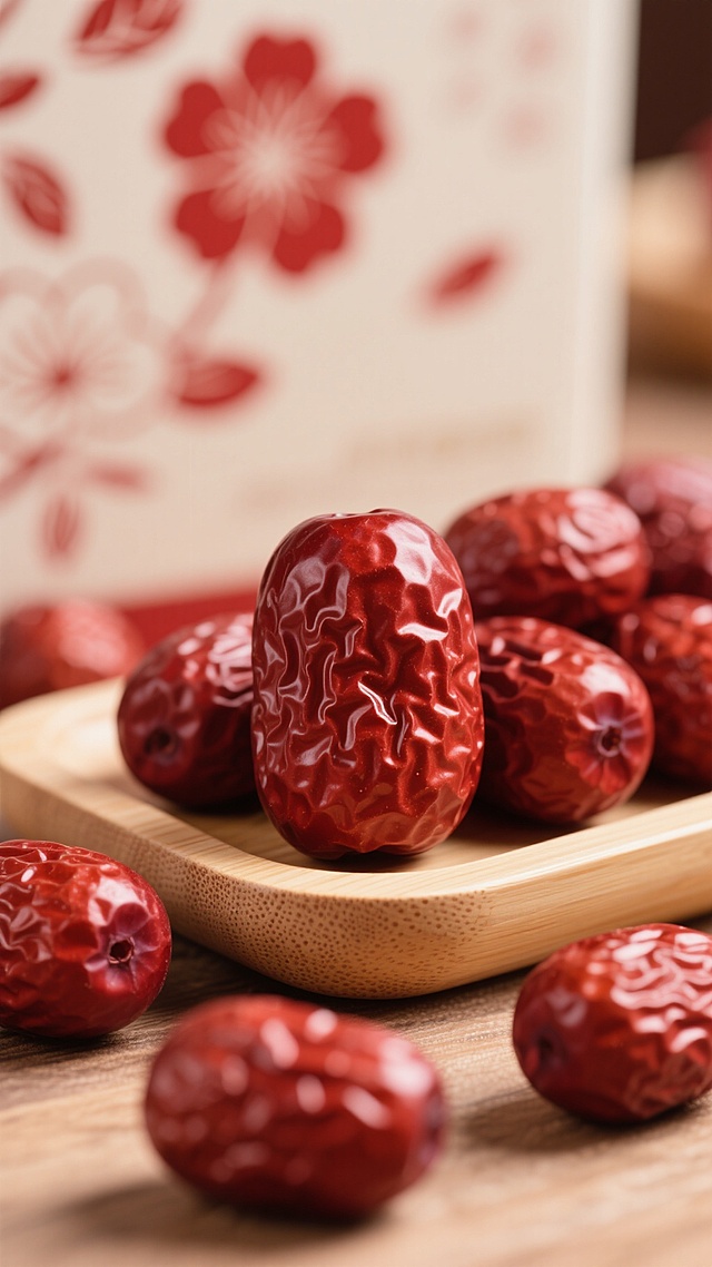 微距特写，一颗颗饱满且表皮带有自然褶皱纹理与光泽的深红色红枣，整齐摆放在浅色木质托盘里，部分散落，背景有清晰且简洁的红色花朵图案包装，温暖柔和侧光精准打在红枣上，凸显其立体感与表皮细腻质感，色调主红与木色，风格干净，尽显传统食材质朴美感的背景素材用超写实食品摄影呈现。