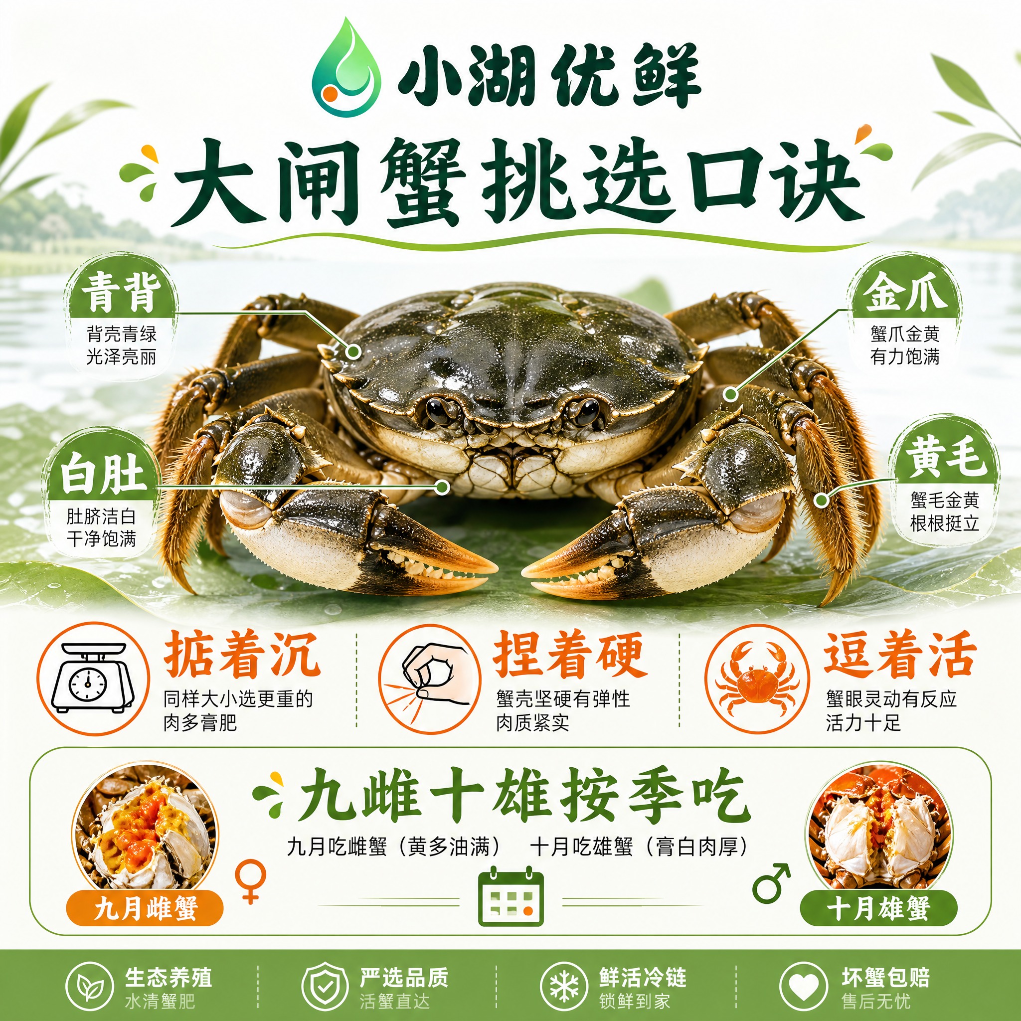 一张1:1正方形的大闸蟹挑选口诀科普信息图，顶部放置"小湖优鲜… - 图片创意预览