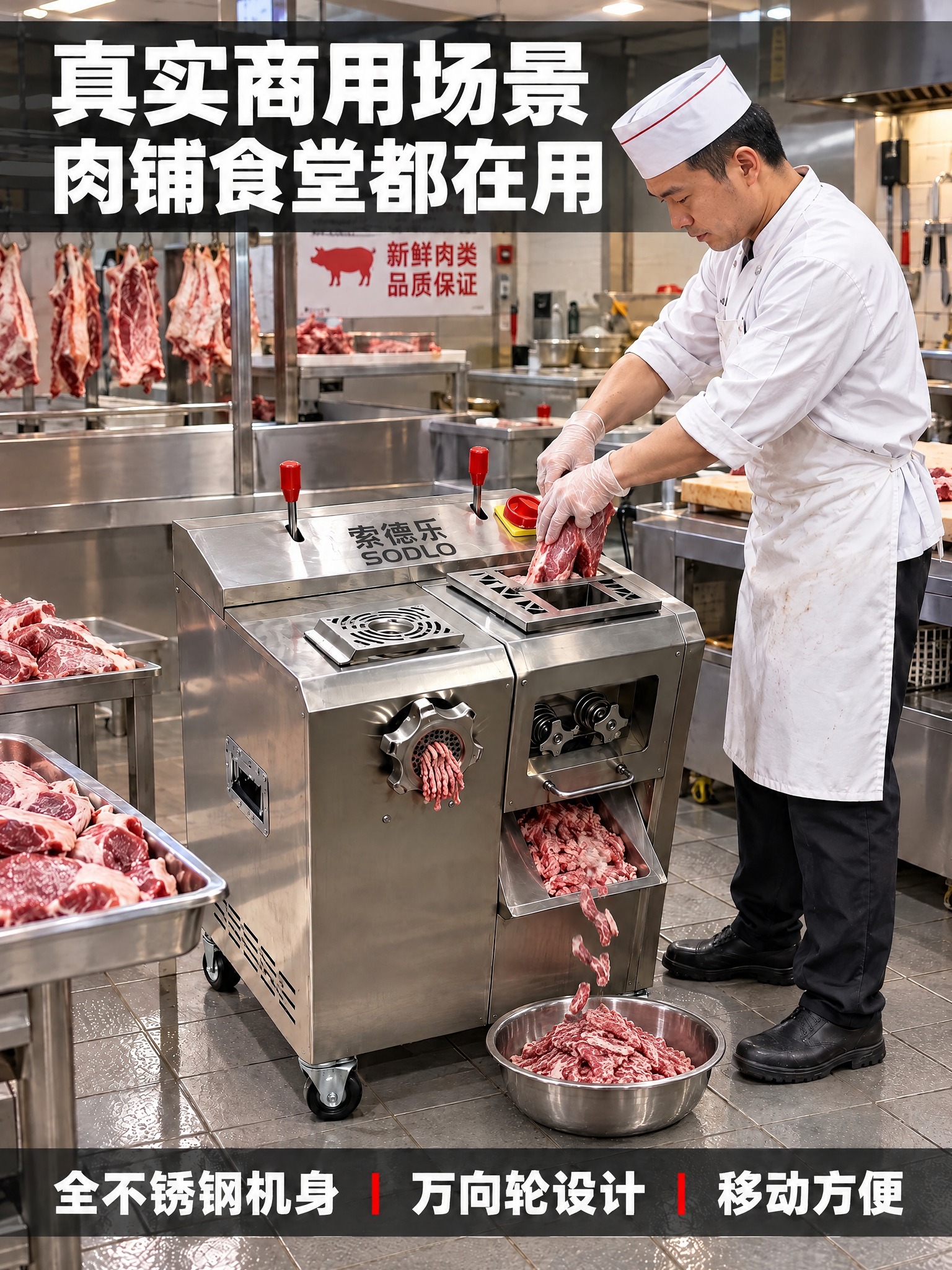 在绞肉机右侧切肉出料口下方的地面上，放置一个不锈钢圆盆，盆内盛… - 图片创意预览