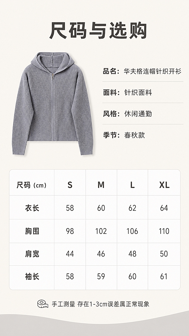 [第6张] 产品信息页-灰色华夫格连帽针织开衫尺码表与选购建议。本张使用【图1】作为商品主体。
[氛围/风格] 简约信息卡风格，清晰易读，干净专业，商业摄影质感。
[元素布局] 上半部分左侧为灰色开衫正面平铺小图（占比约30%），右侧为产品基本信息列表；下半部分为尺码表格；背景为浅米色，底部有浅灰色装饰条；保持开衫外观、颜色、纹理与输入图一致。
[光影质感] 顶部均匀柔光，整体明亮干净，信息清晰可读。
[配色色系] 全局底色 #F7F3EE（浅米色）；主色灰色开衫；辅助色白色表格底、浅灰分隔线；点缀色深灰文字。
[视角构图] 上下分层构图，上半部分图文并排，下半部分表格，阅读动线从上到下。
[文字版式] 顶部主标题「尺码与选购」无衬线粗体；右侧产品信息：「品名：华夫格连帽针织开衫」「面料：针织面料」「风格：休闲通勤」「季节：春秋款」；下半部分尺码表含S/M/L/XL四列，行包括衣长、胸围、肩宽、袖长，表格为白底浅灰线，文字深灰色；底部小字「手工测量 存在1-3cm误差属正常现象」；整体排版清晰，手机端易读。
[比例分辨率] 9:16 竖版比例，4K 分辨率，文字清晰可辨，高清画质。
[负向提示词] 衣服变形，颜色偏差，水印，文字过小模糊，表格错乱，产品图模糊，背景杂乱。