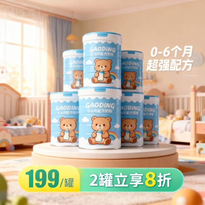 生成一张奶粉电商主图。复制多个主体堆叠在展台上，背景为儿童卧室，自然打光。商品卖点“0-6个月 超强配方”艺术字呈现。画面下方为黄绿渐变配色文本框，展示卖点信息“199/罐 2罐立享8折”。预览效果