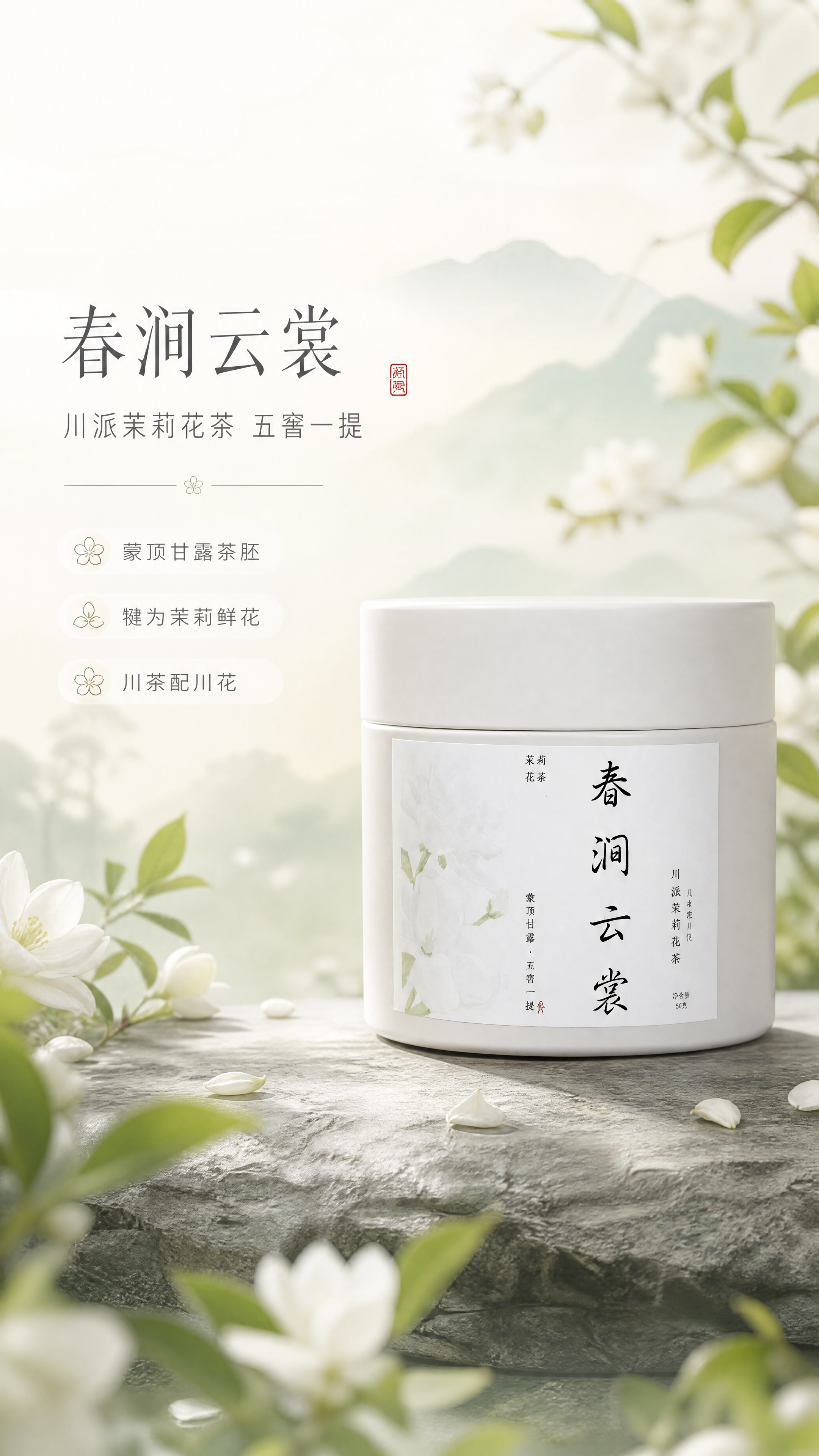 [商品] 使用【图1】春涧云裳白色小罐茉莉花茶正面图；严格保留… - 图片创意预览