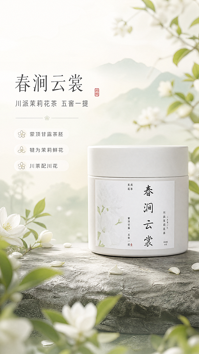 [商品] 使用【图1】春涧云裳白色小罐茉莉花茶正面图；严格保留罐身贴纸所有原始文字（茉莉花茶、春涧云裳、川派茉莉花茶、川茶配川花、蒙顶甘露·五窨一提、净含量50克）、字体、图案、排版与罐子7.5cm×7.5cm真实比例，不做任何改写或重绘；仅做轻微调色优化，使画面更清新通透。
[画面] 头图海报型，左文右图构图，产品置于画面右侧中景，占画面约55%；左侧留白放置标题与卖点；背景为淡雅新中式茉莉花园意境，虚化的白色茉莉花与嫩绿茶叶点缀，前景有几片飘落的茉莉花瓣，中景是朦胧的米白与浅绿渐变，远景是淡青色山雾剪影，整体≥3层环境层次，营造清新雅致的东方茶韵氛围。
[视觉] 套系策略：风格=清新淡雅东方新中式商业摄影；标题字=清雅宋体（细衬线）；正文字=简洁无衬线细体；主色=茉莉白+浅嫩绿；背景延展=基于茉莉白、浅米、嫩绿做同色系渐变晕染与宣纸/薄雾质感；强调色=浅朱砂红（仅用于小面积印章、引线点缀）；标题色=深墨灰；正文色=中暖灰；组件=细线分隔、圆角浅底信息卡、小朵茉莉图标；光影=左前侧柔和自然光，通透干净。
[文字] 左上区域横排排版：主标题"春涧云裳"，副标题"川派茉莉花茶 五窨一提"，下方3个短卖点「蒙顶甘露茶胚」「犍为茉莉鲜花」「川茶配川花」；文字不遮挡罐身主体与标签信息。
[规格] 淘宝/天猫详情页单屏9:16竖版，4K，负向：避免罐子变形、标签文字错乱、颜色饱和度过高、冷蓝调、杂乱背景、极限词、二维码、水印。