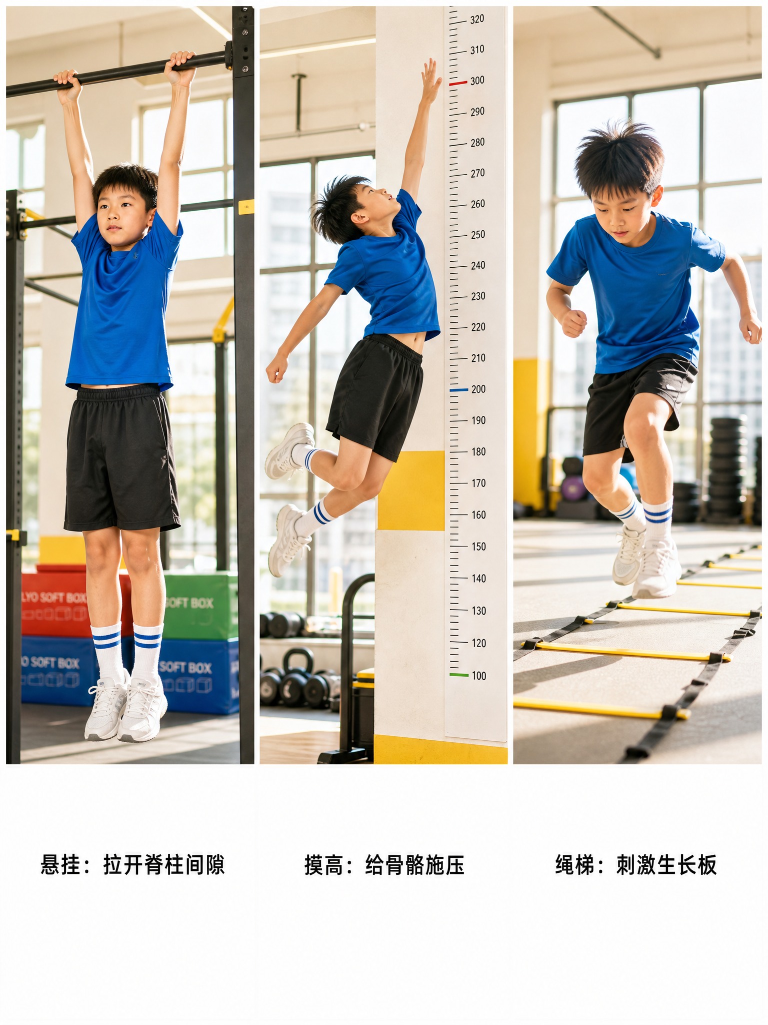 一张儿童长高运动课程动作拼图海报，3张动作特写横向排列，画面比… - 图片创意预览