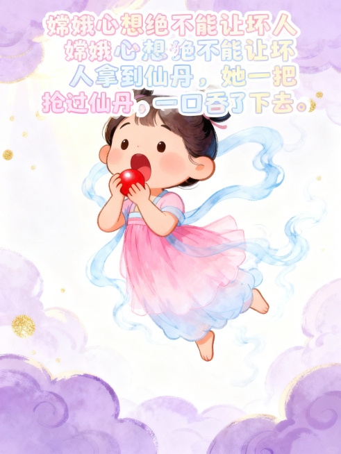 在画面上方添加可爱卡通文字"嫦娥心想绝不能让坏人拿到仙丹，她一把抢过仙丹，一口吞了下去。"，保留原来嫦娥吞仙丹的场景，文字清晰易读，适合小朋友，整体明亮马卡龙色系预览效果