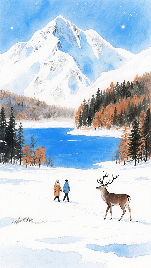 水彩风插画，雪域湖畔静谧唯美，秋林与雪山映衬梦幻清新，鹿影相伴，二人悠行，尽显冬日文艺诗意。