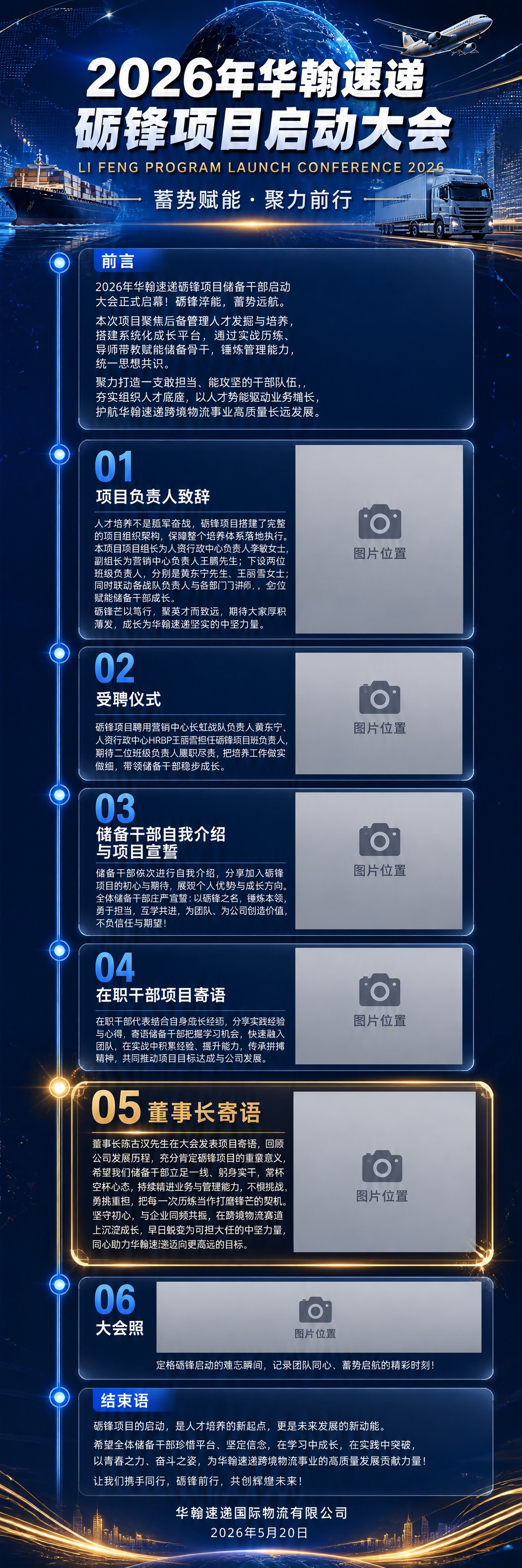 竖版超长信息图长图海报，华翰速递砺锋项目启动大会，深蓝科技商务… - 图片创意预览