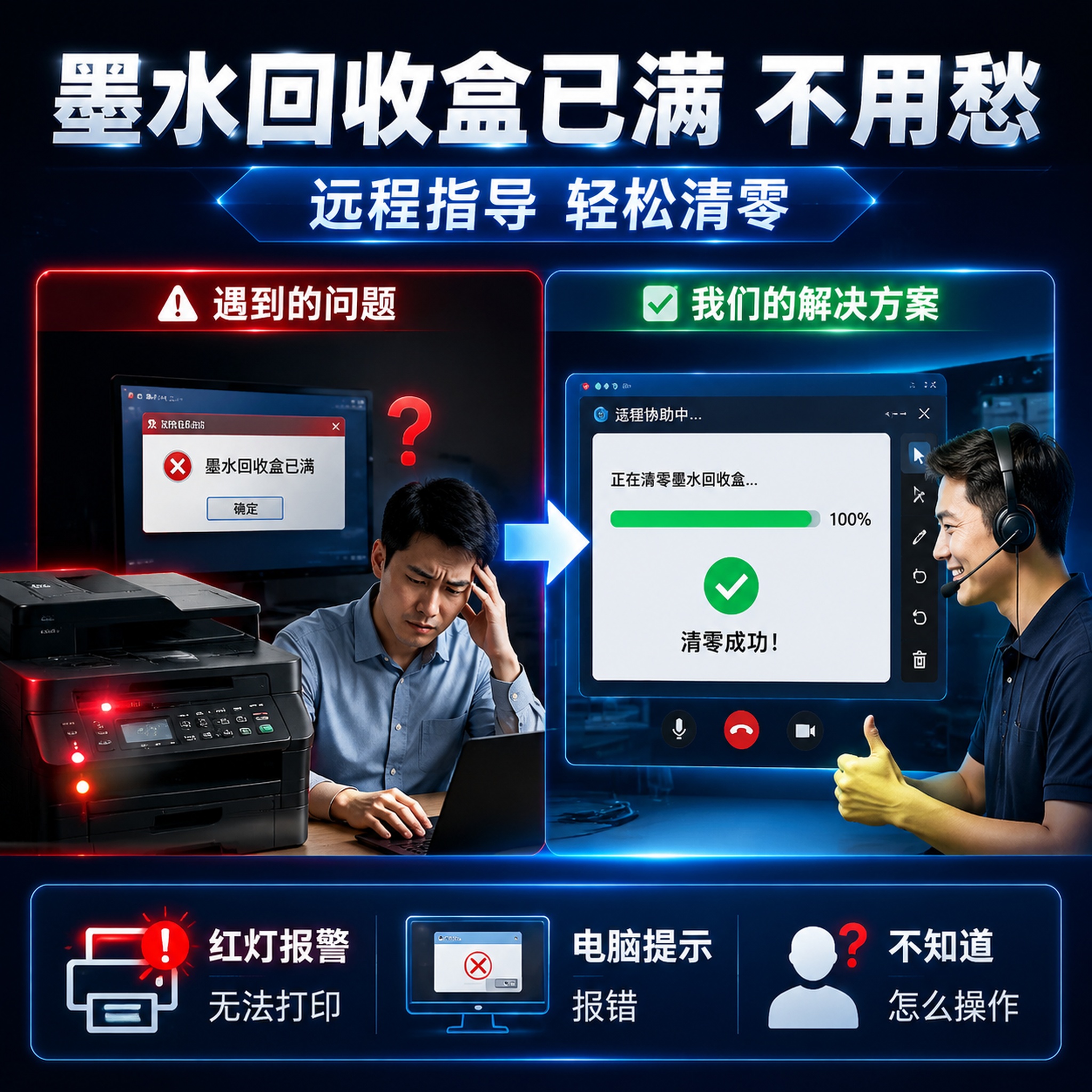 [主图-2] 打印机废墨报错痛点场景图 [氛围风格] 科技蓝专… - 图片创意预览
