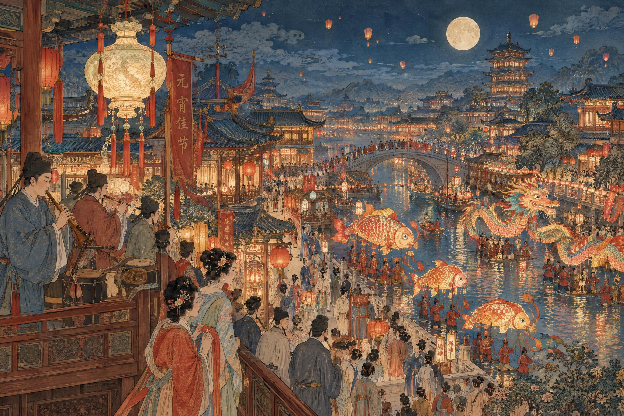 中国古典风格插画，宋代背景，描绘元宵佳节夜景。凤箫声动，乐师吹… - 图片创意预览