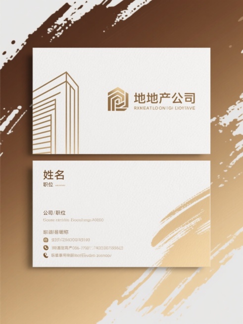 两张地产名片设计，采用简约现代风格，整体以米金色和深棕色为主色调，搭配白色背景形成优雅和谐的色彩过渡。名片边缘有流动感的米金色渐变泼墨纹理，左侧顶部有一个由线条构成的抽象建筑轮廓标志。上方名片中央为地产公司名称和标语，下方名片包含姓名、职位、公司名称以及联系方式信息，字体选用无衬线体，字号大小有明显层级区分，整体排版简洁有序，视觉层次分明，信息传达高效，符合高端地产行业的专业定位与审美需求。预览效果