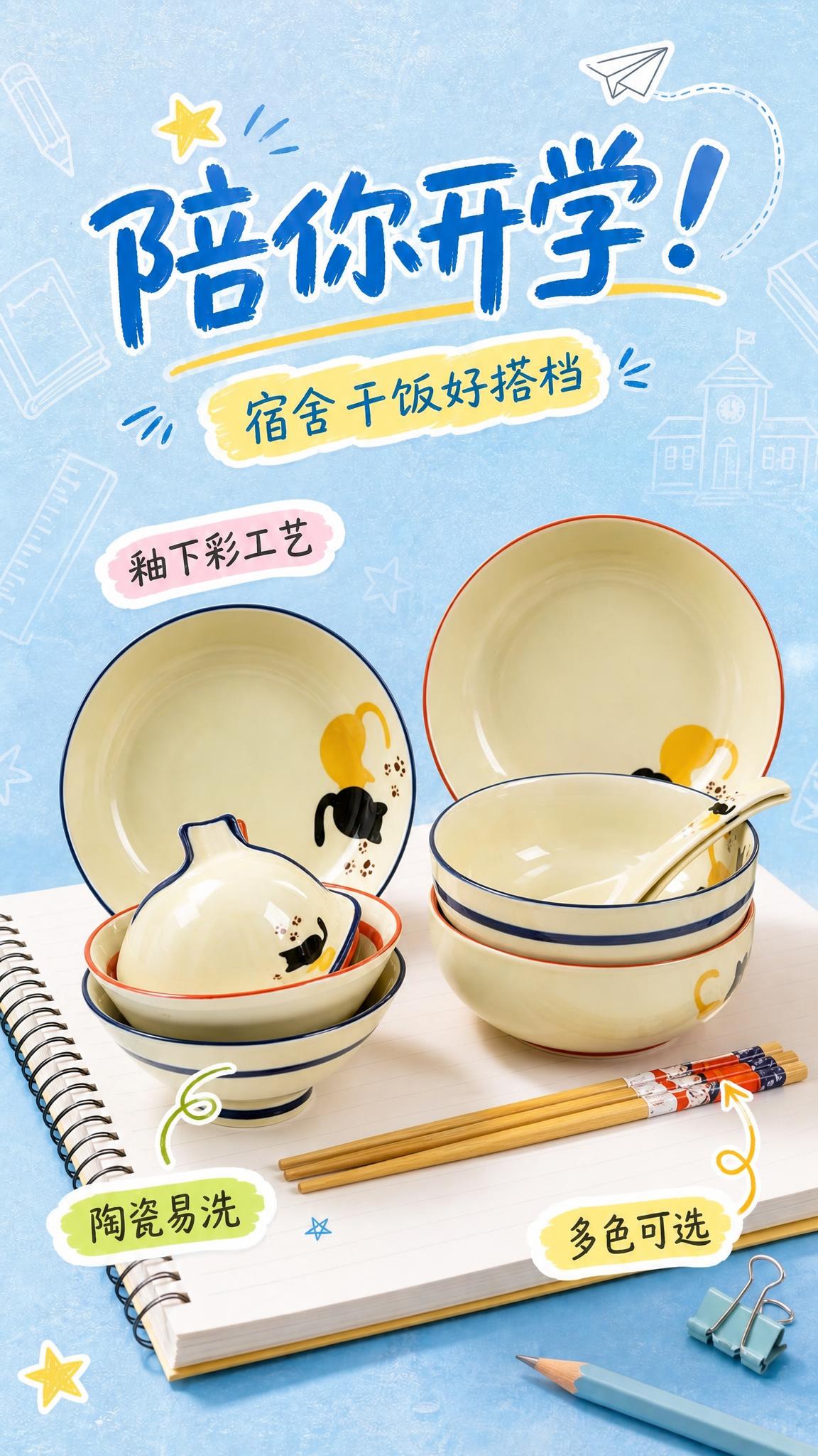 将图1海报中的陶瓷碗产品替换为图2的猫咪陶瓷碗套装产品，保持图… - 图片创意预览