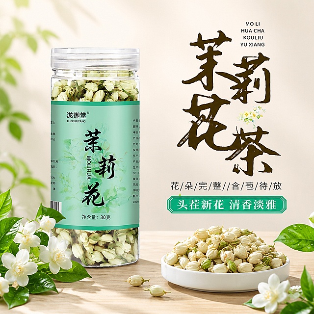 [主图-1] 茉莉花茶产品首图，左产品右文字版式，保留全部原有文字内容不变，不添加额外logo名称，重新设计排版构图。
[氛围风格] 自然清新茶饮风，通透干净质感。
[画质] 商业摄影质感，光线柔和通透，产品清晰真实，画面干净高级，茉莉花纹理清晰饱满。
[元素] 左侧垂直放置完整透明瓶装茉莉花茶，瓶身标签保留所有原有文字内容、字体、配色，保持产品外观、物理结构、材质质感、颜色与输入产品图绝对一致，杜绝任何变形和色差，精细化处理。右侧木质浅木色桌面放置白瓷碗，碗中盛放干燥完整茉莉花苞，周围搭配新鲜带水珠茉莉绿叶和盛开茉莉花做点缀，保留所有原文字内容：茉莉花茶 MO LI HUA CHA KOU LIU YU XIANG 花/朵/完/整//含/苞/待/放 头茬新花 清香淡雅，重新排版位置布局，商品整体占比严格控制在70%左右，画面满屏无边框。
[光影] 自然柔和左侧暖光，背景浅米色柔光，茉莉花苞呈现自然半通透光泽，高光不溢出，暗部有层次，整体清新通透。
[配色] 主色调清新浅绿、米白，辅以原木浅棕和茉莉白色，自然清爽舒适。
[视角构图] 平视角度，产品与文字左右分栏，主体突出，前实后虚景深适中，产品轮廓完整不裁切。
[文字版式] 保留所有原有文字内容不修改，调整排版：大字体"茉莉花茶"放置在画面右上区域，书法字体棕色保留原有风格，文字下方依次排列拼音、分割卖点和绿色底框卖点标语，整体排版对齐，不遮挡主体产品，文字醒目清晰。
[输出要求] 1:1比例，文字清晰锐利，超高清商业摄影质感。
[负向提示词] 变形，文字错乱，产品图模糊，背景杂乱，水印，电商平台Logo，额外增加文字内容，改变原有文字，遮挡主体。