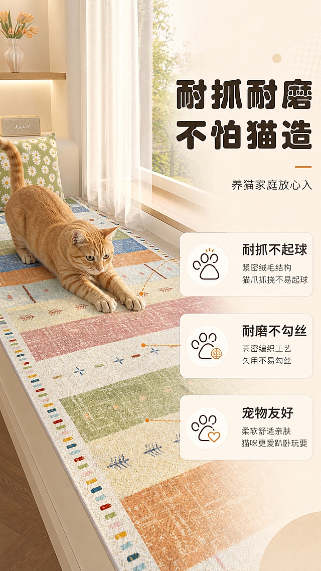 [商品] 使用【图1】北欧风彩色条纹天鹅绒飘窗地毯；保留地毯的彩色横条纹图案、小箭头装饰、边缘彩色方块包边、天鹅绒微微毛感材质；展示地毯被猫抓过依然完好无损的状态，不改变图案和颜色。
[画面] 防猫抓卖点页，右文左图布局；左侧展示一只可爱的橘猫趴在地毯上，伸出爪子正在抓挠地毯表面，地毯被抓的地方没有起球勾丝，依然完好；右侧放置文案区域；背景是温馨的飘窗角落，有阳光洒入；产品占画面约50%。
[视觉] 套系策略：风格=温馨治愈家居风商业摄影；标题字=圆润粗黑体；正文字=简洁无衬线体；主色=暖米杏色；背景延展=基于暖米杏做深浅层级、同色渐变和细腻织物/木质质感；强调色=暖橙色，仅用于小面积图标、引线和标签；标题色=深暖棕；正文色=中暖灰；组件=圆角浅底信息卡、细线引线、圆点装饰；光影=右侧暖自然光，柔和漫射。
[文字] 右侧上方主标题"耐抓耐磨 不怕猫造"，副标题"养猫家庭放心入"；下方3个卖点：「耐抓不起球」「耐磨不勾丝」「宠物友好」；配猫爪简笔画图标；所有文字横向排版，手机端清晰可读。
[规格] 图片比例9:16竖版，4K，避免变形、错字、文字过小、冷蓝背景、地毯颜色改变、猫咪不自然。