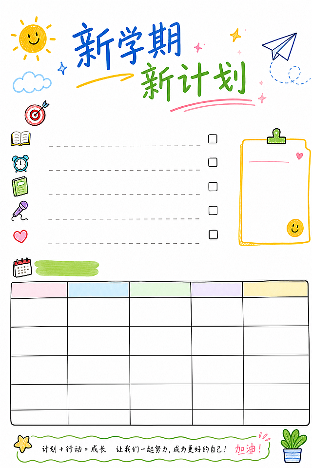 A4尺寸新学期新计划页，白底马克笔手绘风格，保留主标题'新学期新计划'和底部一行文字'计划 + 行动 = 成长  让我们一起努力，成为更好的自己！ 加油！'，去掉其他所有文字内容，保留全部手绘装饰和表格框线，留出空白供手写填写，保持原整体布局和马克笔风格