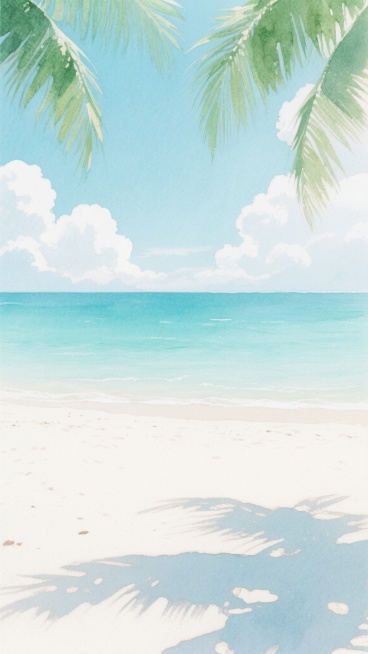 梦幻水彩风格海滩场景，柔和的蓝绿色渐变海面与明亮的象牙白沙滩相接，天空中点缀着蓬松的白色云朵，顶部两侧垂落着几片带有水彩晕染质感的绿色棕榈叶，阳光透过叶片在沙滩上投下斑驳的光影，整体画面呈现出清新、宁静、略带朦胧的艺术氛围，色彩过渡自然柔和，笔触轻盈通透，营造出梦幻般的热带海滨意境。预览效果
