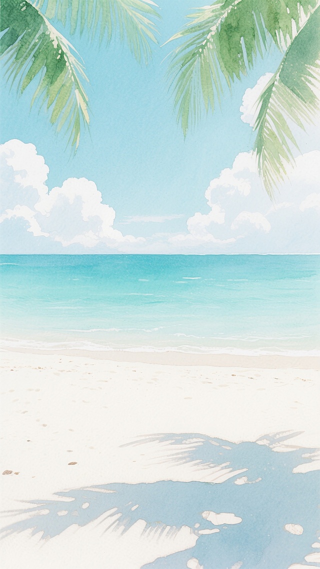 梦幻水彩风格海滩场景，柔和的蓝绿色渐变海面与明亮的象牙白沙滩相接，天空中点缀着蓬松的白色云朵，顶部两侧垂落着几片带有水彩晕染质感的绿色棕榈叶，阳光透过叶片在沙滩上投下斑驳的光影，整体画面呈现出清新、宁静、略带朦胧的艺术氛围，色彩过渡自然柔和，笔触轻盈通透，营造出梦幻般的热带海滨意境。