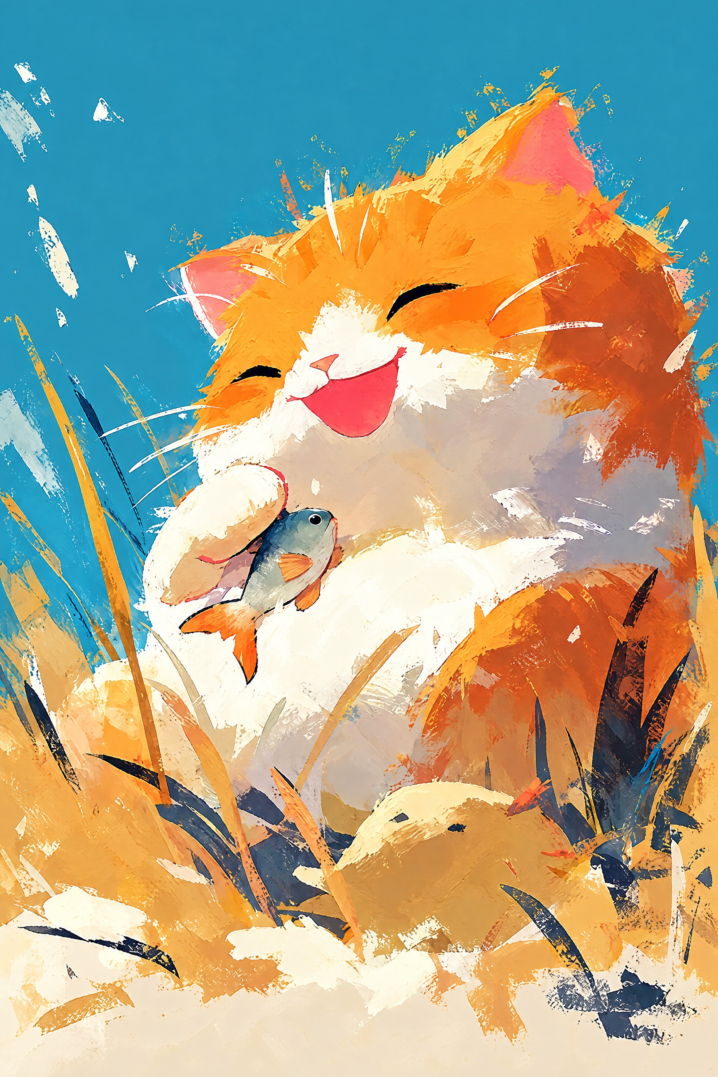 从参考图中提取门帘上的橘猫抱鱼插画图案，完整保留原图的所有图案… - 图片创意预览