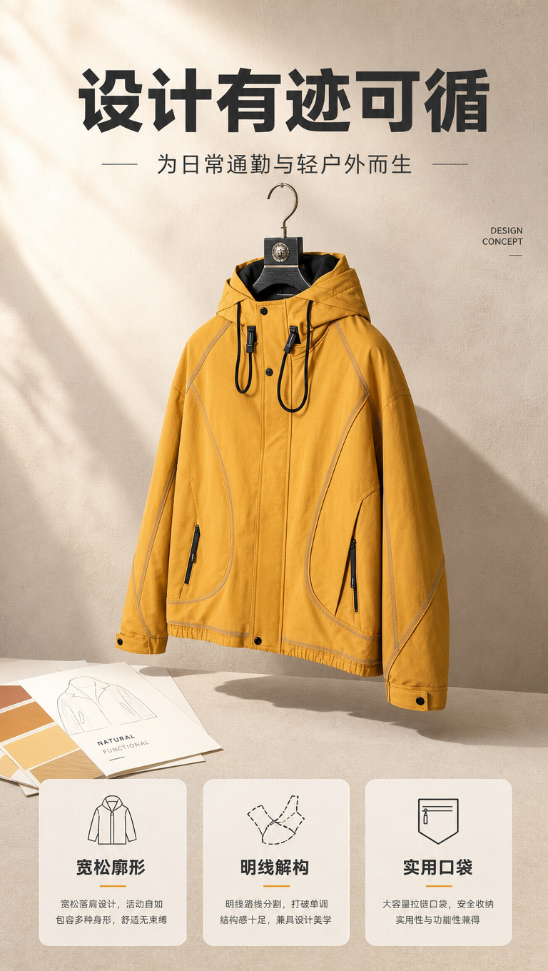 [商品] 使用【图1】姜黄色连帽休闲夹克；商品处理：保留连帽抽… - 图片创意预览