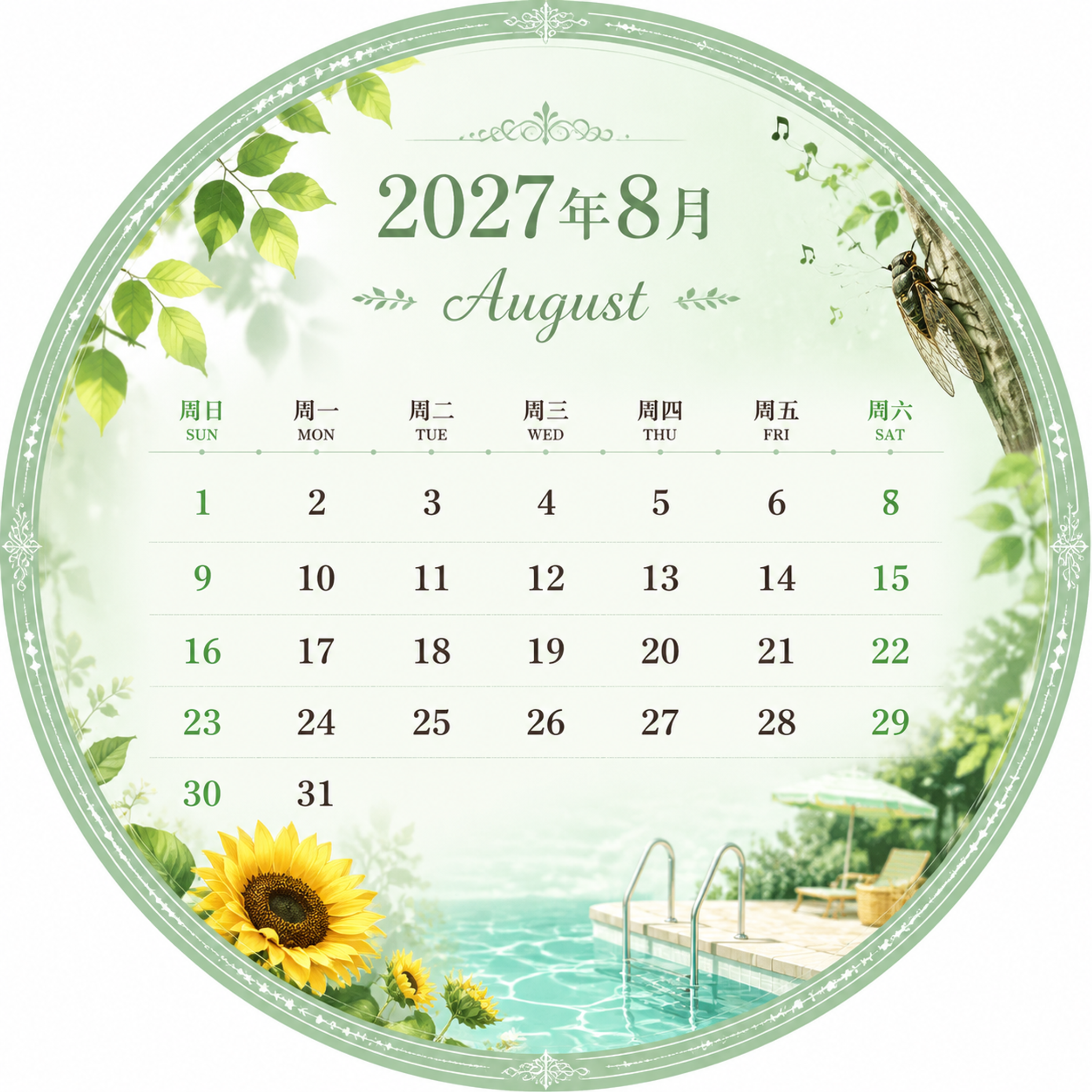 2027年8月圆形日历设计，整体为正圆形构图，圆形内包含完整的… - 图片创意预览