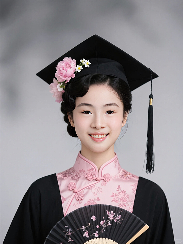 女生证件照，民国发型，穿黑色学士袍戴黑色学士帽，头发上戴粉色芍药花和白色小花，手执折扇，学士帽流苏，领口有粉色复古花纹，内衬是粉色旗袍，黑灰色朦胧背景，看镜头。
