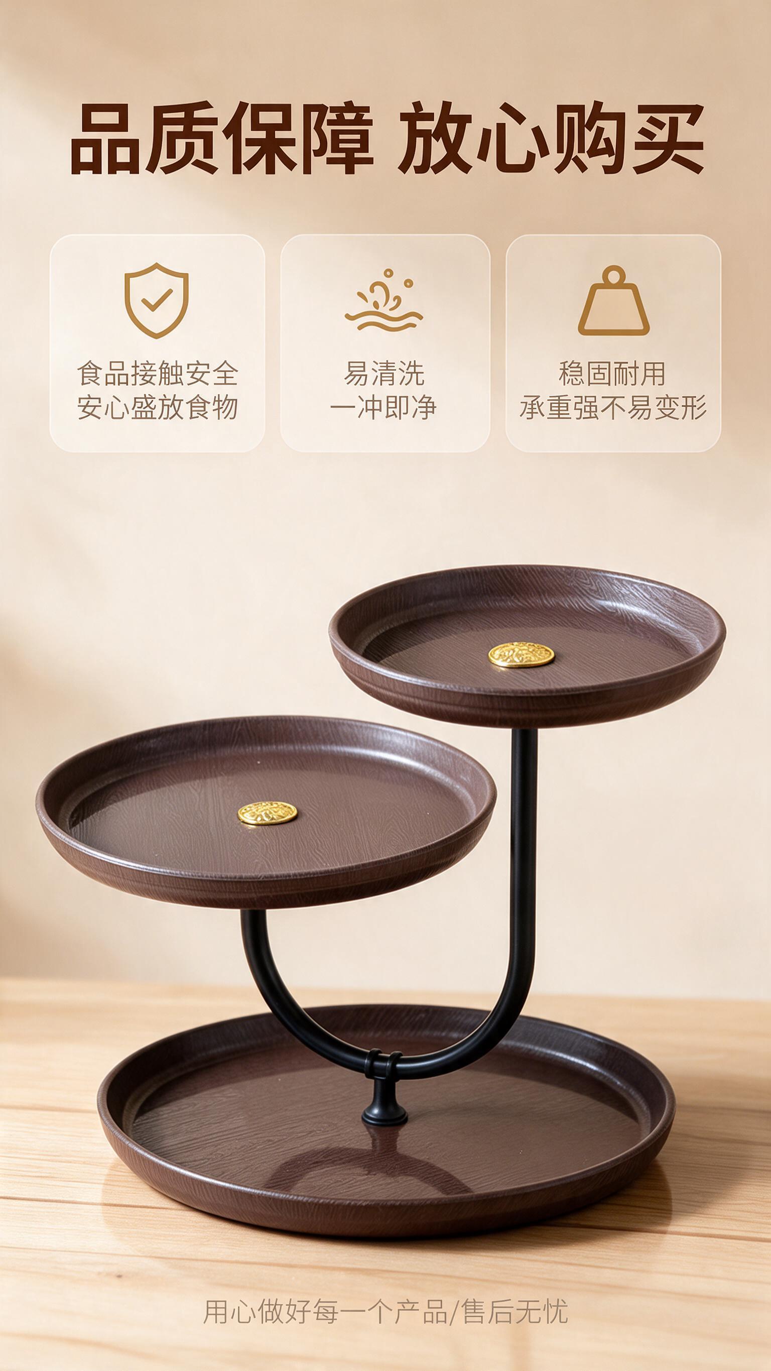 [商品] 使用【图1】家用三层仿木纹点心水果盘；保留三层圆形托… - 图片创意预览