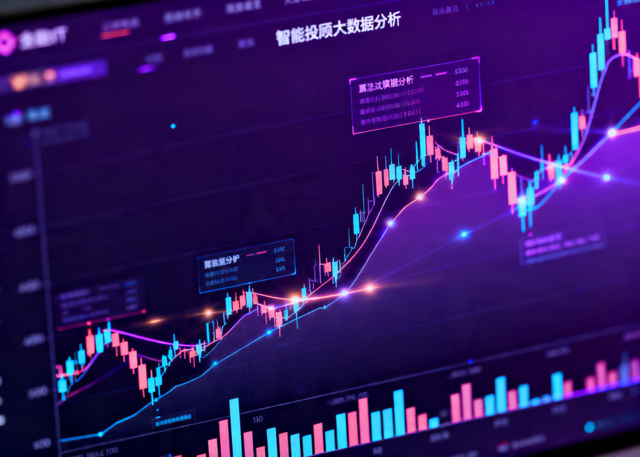 金融IT科技风格图片，适用于网站宣传，智能投顾大数据分析，深紫色科技背景搭配动态股票K线图和算法分析图表，专业科技质感预览效果