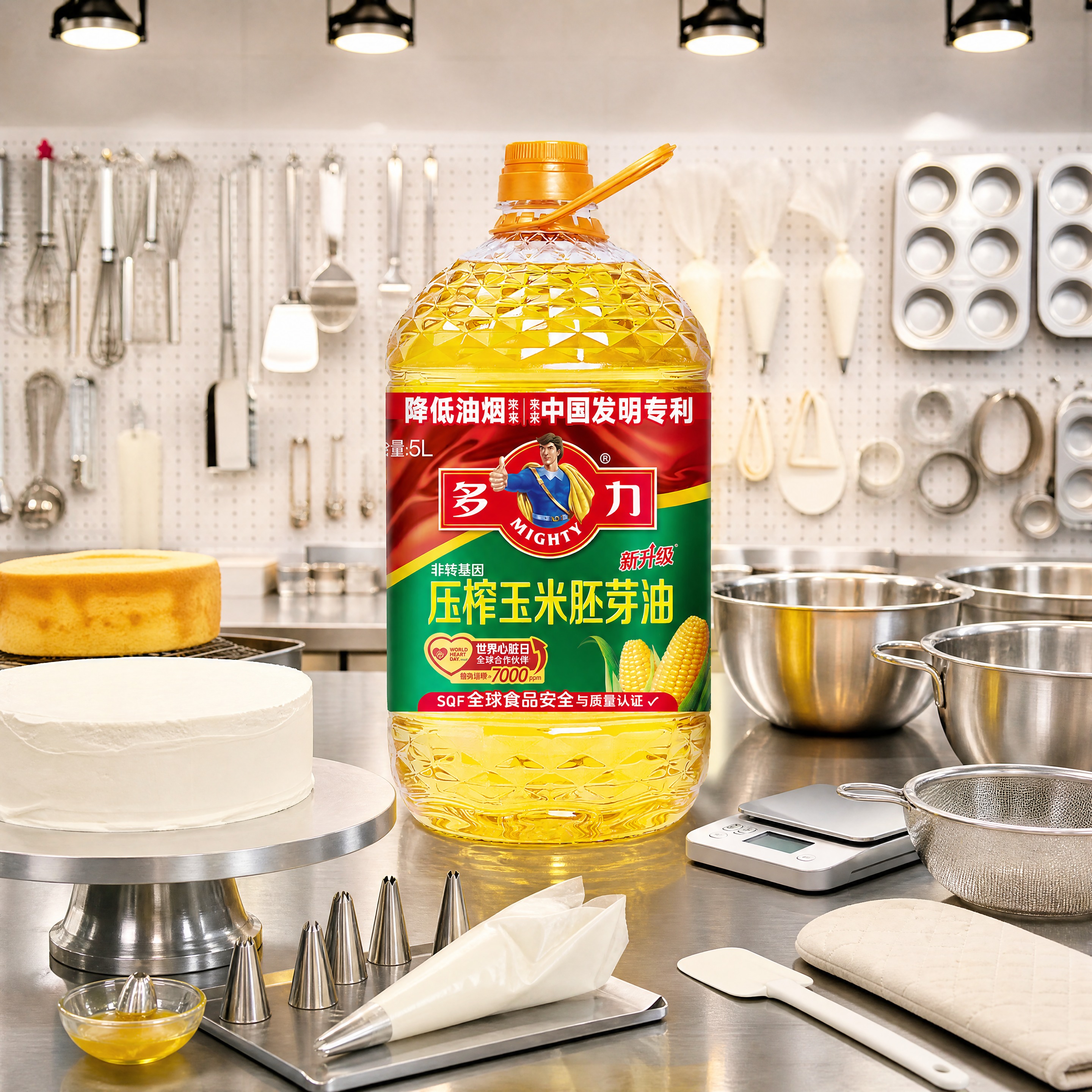 超写实食品商业摄影。 主体：5L装玉米油桶严格参照上传产品图，… - 图片创意预览
