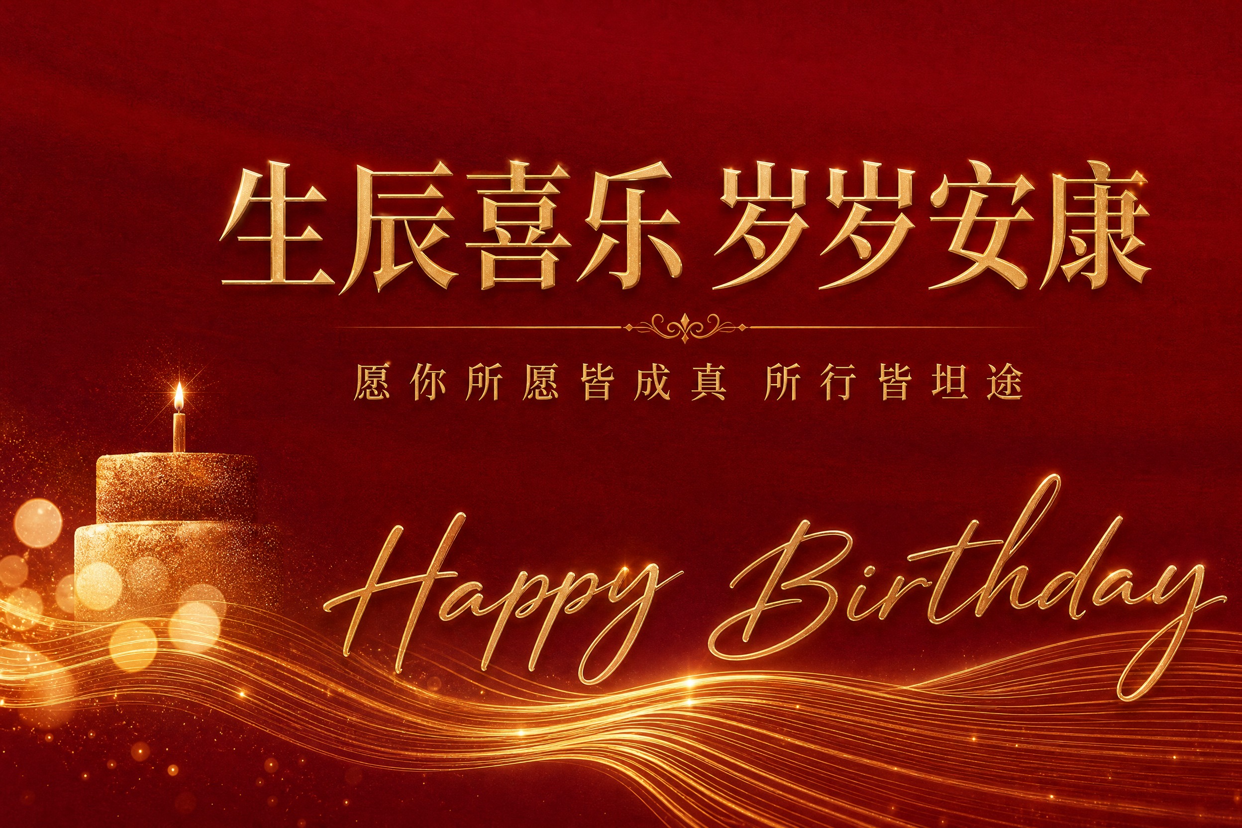 参考图的红金高端生日答谢宴风格，深红色背景，左下角金色生日蛋糕… - 图片创意预览